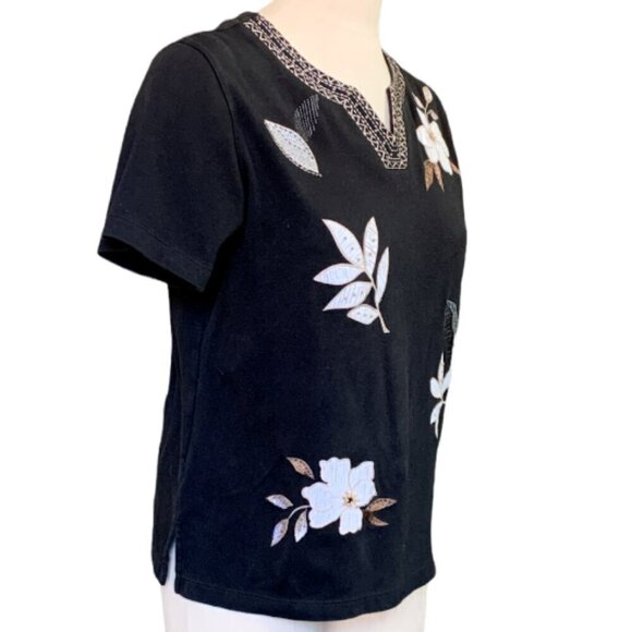 Alfred Dunner Embroidered Short Sleeve Tee Top Sz S Black #16E - Picture 4 of 9